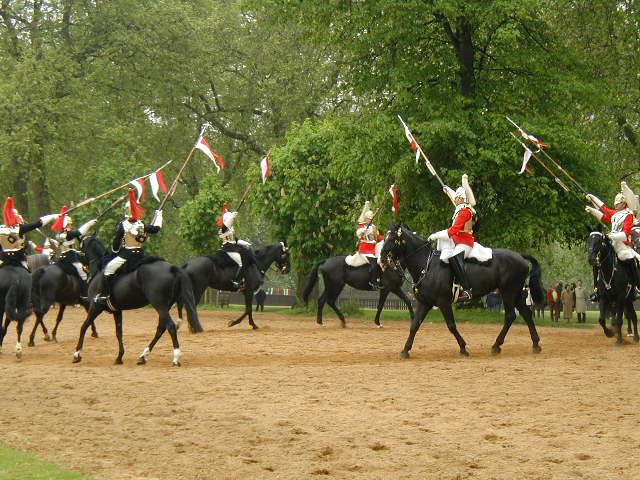 Queen's Guard practicing maneuvers on Rotten Row, Hyde Park