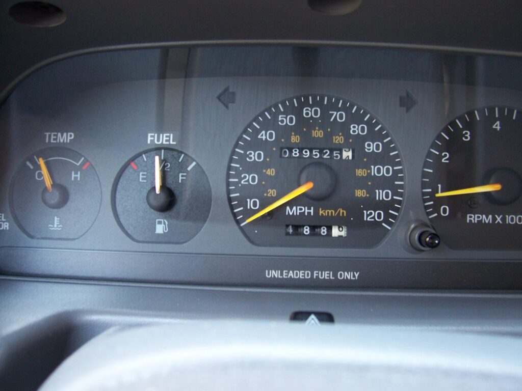 Dashboard showing mileage at the start of our cross country road trip