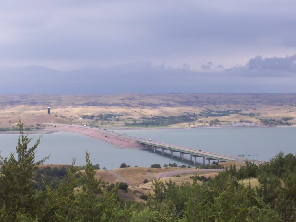 View from a hilltop looking over a Missouri River bridge