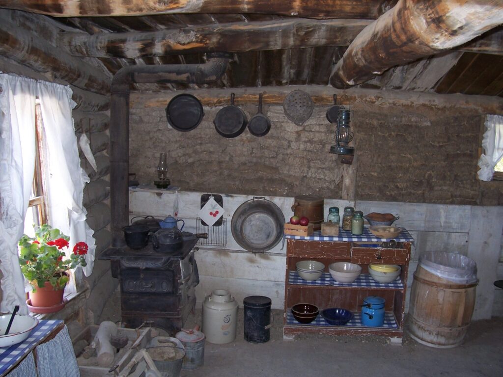 Log cabin kitchen, early-1900s